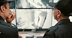 Security guard, back and screen with surveillance of robbery for safety breach or alert in control room. People, CCTV operator or mall cop pointing with display for footage of thief or criminal