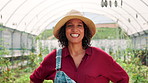 Happy, woman and face of farmer in greenhouse with pride for agriculture, sustainable or eco friendly business. Nature, confident and portrait of female person with produce production in countryside.