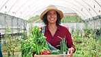 Face, farmer and person with vegetables, harvest and color of crops in sustainable business and growth. Eco friendly, nutrition and entrepreneur with plants in greenhouse, environment and agriculture
