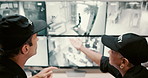 People, security guard or screen with surveillance for robbery footage or safety breach in building. CCTV operator, mall cop or discussion with display for theft, criminal scenario or investigation