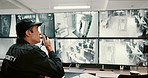 Man, security guard or radio with screen for surveillance alert, robbery or safety breach in building. Male person, CCTV operator or mall cop with speaker for theft, danger signal or calling backup