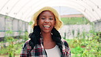 Smile, black woman and face of farmer in greenhouse with pride for agriculture, sustainable or eco friendly business. Nature, confident and portrait of person with produce production in countryside.