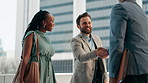 Collaboration, bridge and handshake with business people outdoor in city for meeting or planning. Building, introduction and welcome with employee team shaking hands in urban town for negotiation