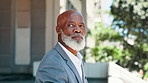 Thinking, business and serious black man in city for real estate, investment decision and vision. Idea, inspiration and urban worker outdoor for insight, planning and mature realtor problem solving