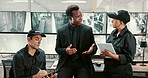Security guard, people and discussion in office, cooperation and protection for company. Group, employees and coworking with safety, talking and explain system for emergency, policy and regulations
