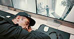 Man, security guard and sleeping with screen of robbery in progress for poor observation or surveillance. Tired, male person or officer asleep with thief, criminal activity or safety breach for crime
