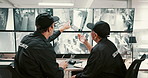 Security guard, screen and robbery with surveillance for danger, safety breach or alert in control room. People, CCTV operator or mall cop pointing with display for footage of thief or criminal