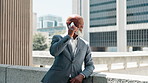 Phone call, laugh and business with black man in city for communication, funny and client feedback. Contact, networking and happiness with mature person outdoor for conversation, comic and talking