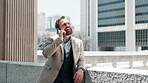 Phone call, talking and business with man in city for communication, virtual advisor and client feedback. Contact, networking and happiness with person outdoor for conversation, planning and smile
