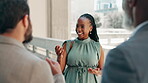 Conversation, bridge and meeting with business people outdoor in city for collaboration or planning. Building, introduction and partnership with employee team talking in urban town for negotiation