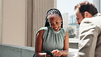 Conversation, bridge and phone with business people outdoor in city for collaboration or planning. Building, communication and partnership with employee team talking in urban town for negotiation