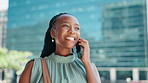 Phone call, smile and business with black woman in city for communication, virtual advisor and client feedback. Contact, networking and happiness with person outdoor for conversation and talking