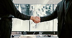 Security, men and handshake in office, computer and surveillance with cooperation. Business people, employees and gesture in workplace, pc and internet with cctv, confidential and secret agency