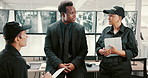 Security guard, people and conversation in office, cooperation and protection for company. Group, employees and coworking with discussion, talking and explain system for emergency and safety