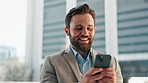 Phone, happy and businessman in city for typing email with company budget plan for approval. Communication, cellphone and male financial investor checking investment profit growth online in town.