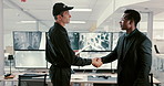 Business people, handshake and security guard with men, conversation and hello with greeting. Employees, law and worker in office, technology and digital app for safety report, internet or discussion