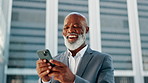 Happy, city and business black man with phone for social networking, connection and contact. Professional, corporate and mature person in town on smartphone laugh for message, website and internet