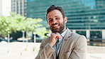 Face, businessman and outdoor with confidence in city for property and infrastructure development in Germany. Male person, employee and smile or proud on portrait with project manager for real estate