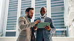 Bridge, pointing and tablet with business people outdoor in city for collaboration or planning. Building, internet and partnership with happy employee team talking in urban town for negotiation