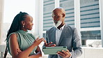 Conversation, bridge and tablet with business black people outdoor in city for collaboration or planning. Building, meeting and partnership with employee team talking in urban town for negotiation