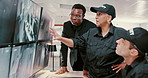 Security guard, people and conversation with cooperation, investigation and protection for company. Group, employees and team with discussion, policy and explain system for emergency, help and safety