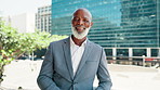 Face, business and happy black man in city, real estate manager or mature corporate realtor. Portrait, outdoor and confident professional, executive or investment property advisor with suit in Kenya