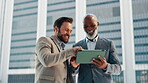 Conversation, laughing and tablet with business people outdoor in city for collaboration or planning. Building, pointing and strategy with funny employee team talking in urban town for negotiation