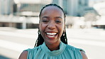 Face, employee and black woman in city, funny and happiness with urban town. African person, corporate professional and financial consultant in street, humor and joke with laughing or economy analyst