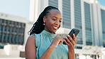Black woman, phone and happy in city, texting or networking for real estate with news, feedback or sale. African person, smartphone and excited for deal, app or contact for urban property in Kenya