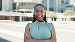 Face, business and funny with black woman, outdoor and happiness with urban town. African person, employee and financial consultant in street, humor and buildings with smile or corporate professional