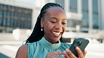Laugh, city and business black woman with phone for social networking, connection and contact. Professional, corporate and happy person in urban town on smartphone for message, website and internet