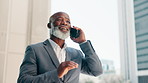 Phone call, walking and business black man in city for appointment, commute and networking. Professional, corporate and person on smartphone for contact, online discussion and communication in town
