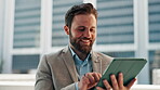 City, businessman and developer with tablet for market research, information and online for review. Happiness, male person and real estate agent with tech for application, property listing and scroll