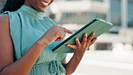 City, businesswoman and developer with tablet for research, market information and online for review. Hands, female person and real estate agent with tech for application, property listing and smile