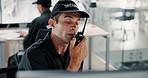 Man, security guard and radio signal with surveillance for safety monitoring or response in building. Male person, CCTV operator or mall cop with speaker for coverage, footage or observation check