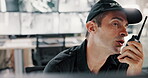 Security guard, talking and man with radio, surveillance and inspection of suspicious activity or monitor. Digital, communication and checking footage for protection, system and person with tech