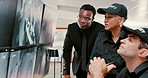 Security guard, people and conversation in office, computer and protection for company. Group, employees and coworking with discussion, talking and explain system for emergency and safety policy