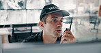 Man, security guard and radio with surveillance check for safety monitoring or response in building. Male person, CCTV operator or mall cop with speaker for coverage signal, footage or observation