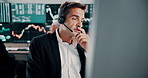 Computer, stock market trading and stress with man in office for crisis, loss or mistake. Communication, finance and headset with broker or trading in workplace for financial consulting or support