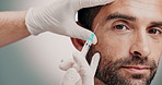 Hands, beautician and patient with face injection in studio for skincare, wrinkles and collagen. Cosmetic, needle and plastic surgeon with man for facial transformation with filler by gray background