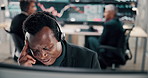 Computer, headache and stock market trading with man in office for burnout or consulting stress. Finance, headset and investment with broker or trader in workplace for financial crisis or mistake