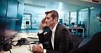 Frustrated man, headache and stress with screen for stock market crash, bad investment or debt. Businessman, migraine or mistake with loss or fail for financial crisis, exchange risk or bankruptcy