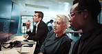 Computer, conversation and business people in office with trading for company finance revenue. Technology, charts and team of financial managers monitor profit charts online for investment analysis.