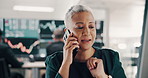 Trading broker, computer and woman with phone call for financial guidance, investment advice and market insight. Mature person, portfolio management and consulting client with stocks review or update