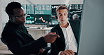 Businessmen, stock market or coaching with headphones for financial discussion, statistics or graph. Male people, brokers or consultant with advice for online investment, assistance or help at office
