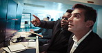 Business people, screen and pointing with stock market graphs for investment decision or analysis. Brokers, employees or colleagues with display for financial discussion on exchange at workplace