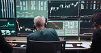Business people, back and screen with stock market at call center for investment or monitoring NFT. Group, brokers or consultants with headphones or graphs on computer for financial advice at agency