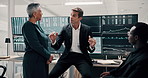 Business people, team and trading discussion for stock market data, profit growth or stats. Happy manager, finance and investment group planning, brainstorming analysis and revenue in office meeting