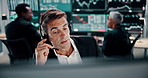 Computer, headset and stock market trading with man in office for advice, assistance or consulting. Communication, finance and investment with broker or trading in workplace for financial support