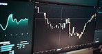 Computer screen, charts and stock market in office for trading, review or study trend with global exchange. Blur, monitor and graphs for analysis, fintech and statistics for profit, loss or economy